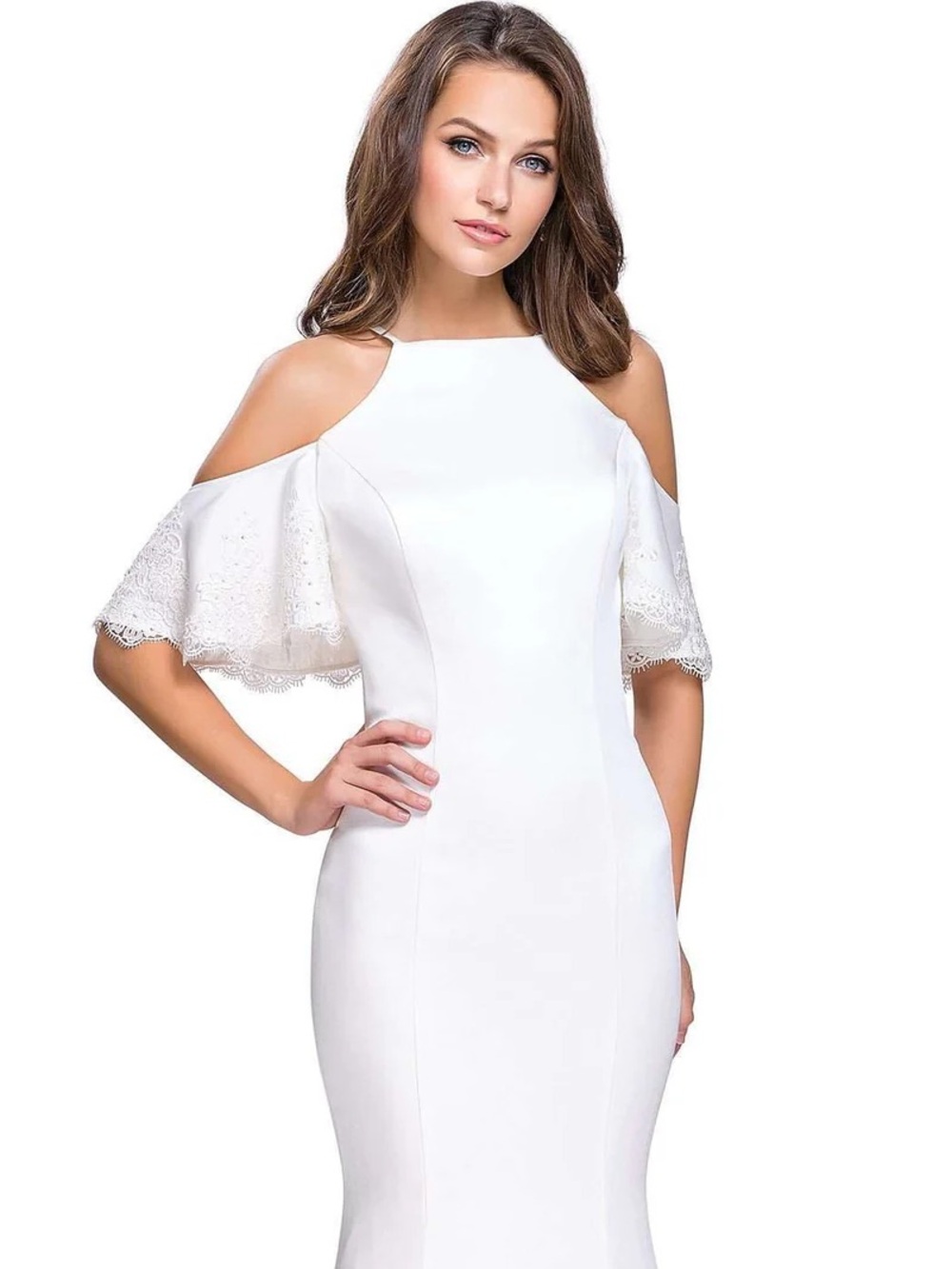 Cold-Shoulder Lace Sleeve White Sheath Dress